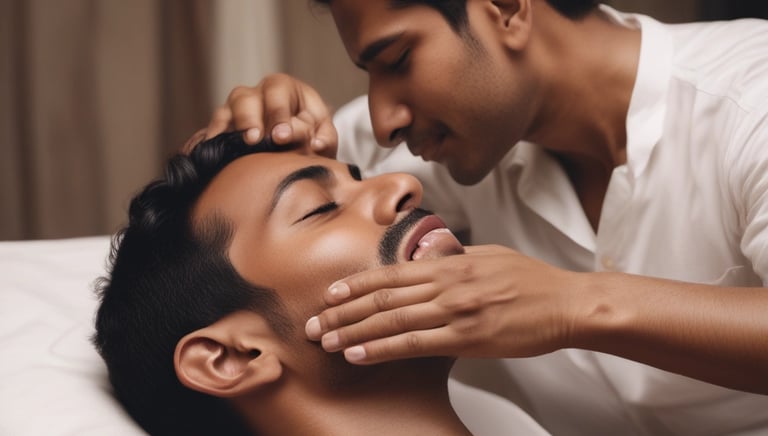 A woman is lying on a blue towel with her eyes closed, receiving a back massage. The hands of the person giving the massage are visible, applying gentle pressure to the woman's upper back.