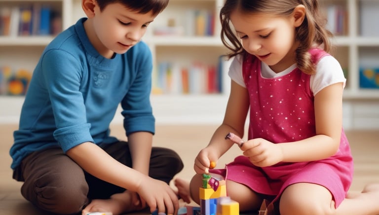 A therapist engaging with a child in a bright, welcoming therapy room.