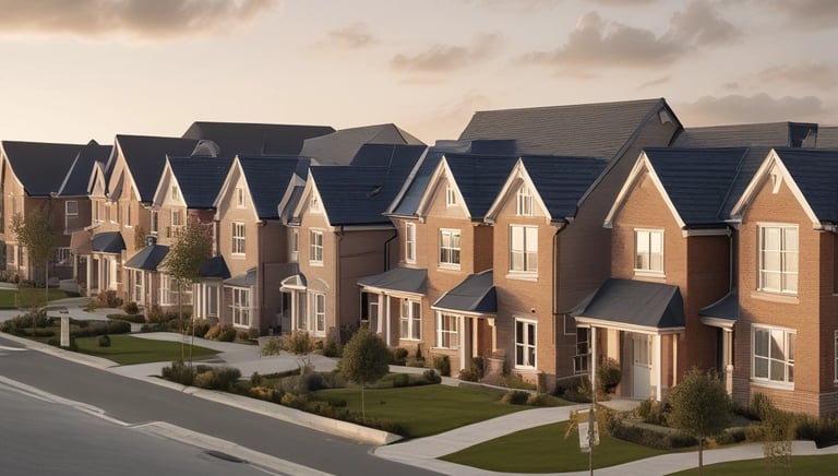 A row of storage units with bright orange roll-up doors and a brick facade. The structure is aligned in a straight row, adjacent to an asphalt driveway. The sky is clear with some clouds, adding a sense of openness to the scene.