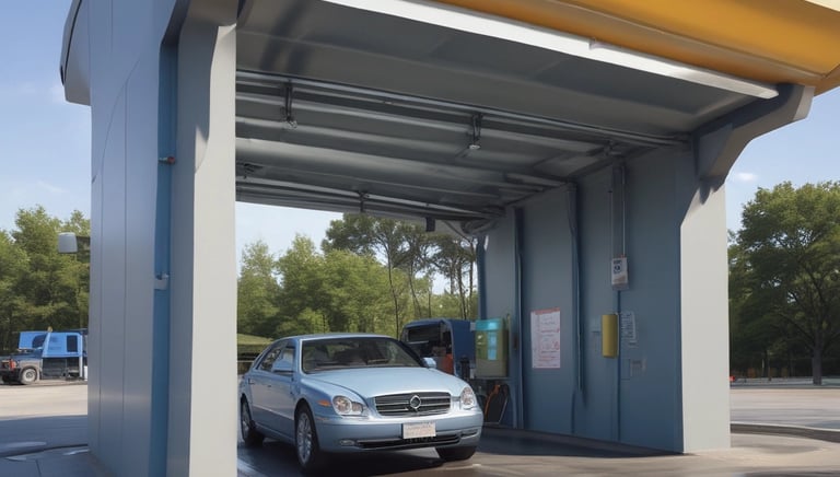 A row of storage units with bright orange roll-up doors and a brick facade. The structure is aligned in a straight row, adjacent to an asphalt driveway. The sky is clear with some clouds, adding a sense of openness to the scene.