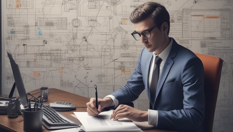 A workspace setting with financial documents, a black calculator displaying numbers, a cup of black coffee on a saucer, an orange highlighter, and a blue pen on a table.