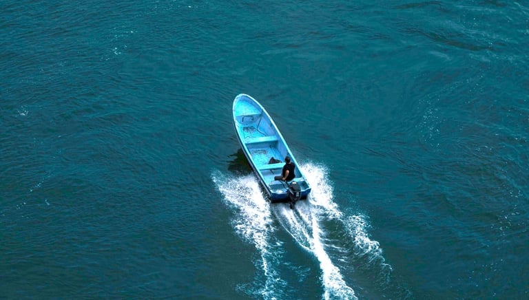 a boat with a blue and white boat in the water