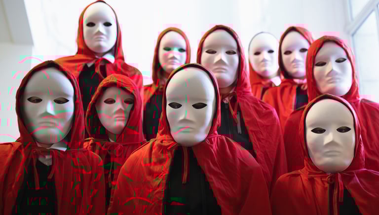 Film production services scene with mannequins in masks and red hoodies