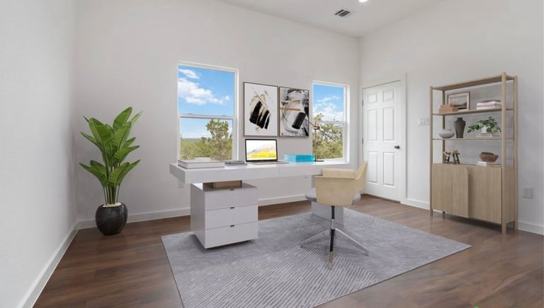 AI-staged home office with panoramic Hill Country views from windows 