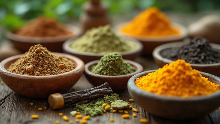 a variety of herbs and herb powder in bowls