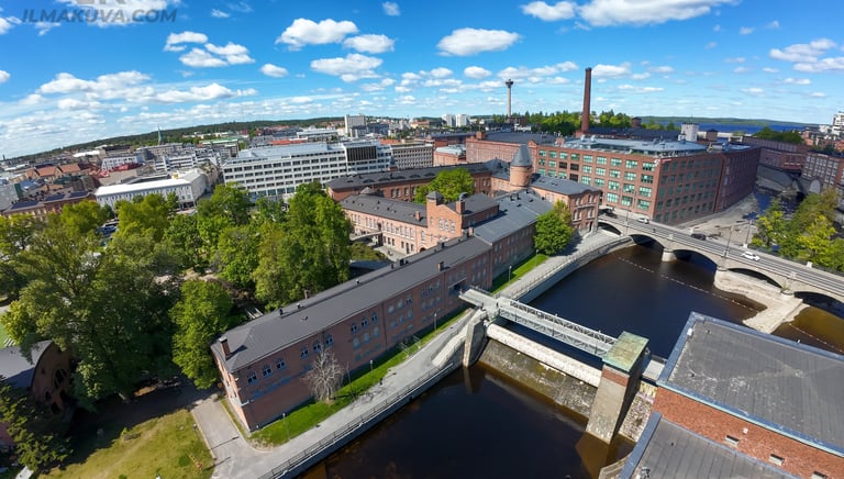 Ilmakuva Tampereen keskustasta, Frenckellistä ja Finlaysonista