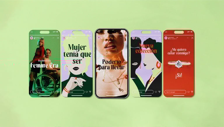 Diseño de stories d Instagram de Femme Era, mostrando la estética visual y mensajes feministas de la marca en redes sociales.