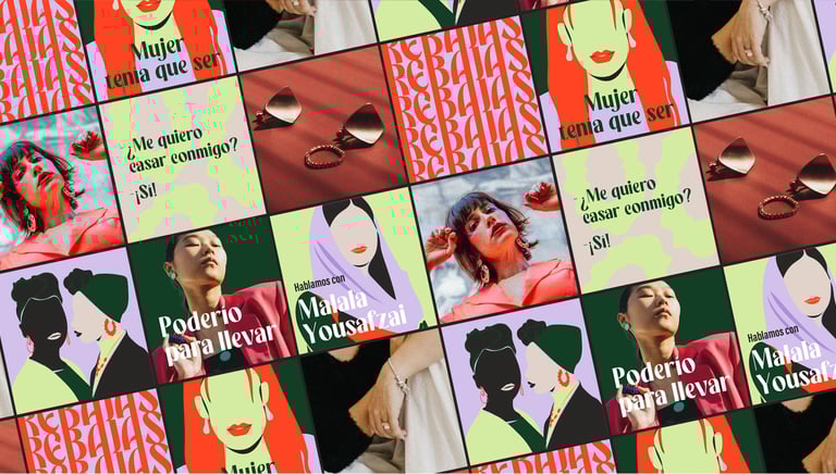 Collage de publicaciones en Instagram de Femme Era, mostrando la estética visual y mensajes feministas de la marca en redes s
