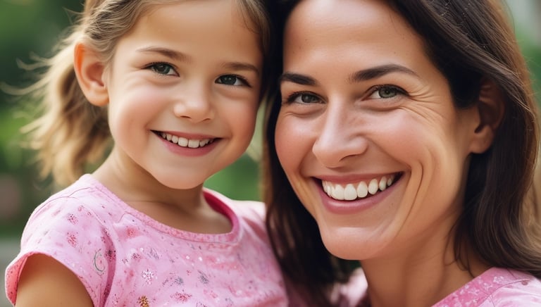A young child with short, dark hair and a small decorative mark on their forehead is wearing a bright pink top with black lettering and dark jeans. They are held gently by an adult's hand adorned with rings and bracelets, complementing the child’s bracelets. The background is neutral and unobtrusive.