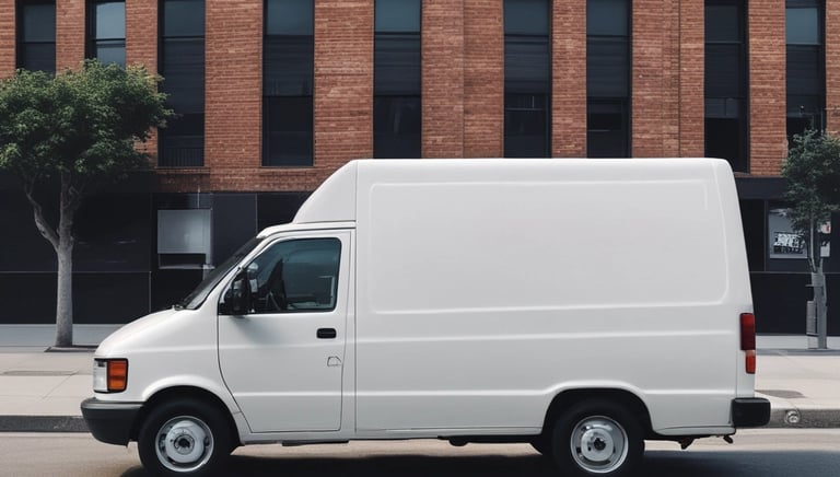 A delivery van parked outside a modern office building.