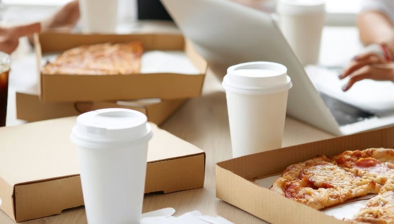 A table with pizza boxes and takeout cups, during a corporate working activity .