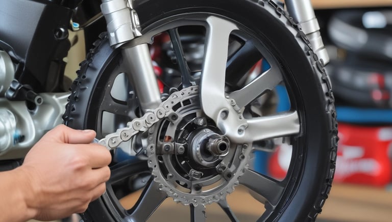 A mechanic servicing a motorcycle in a workshop.