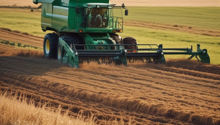 A farmer reviewing financial documents in a field with crops in the background.