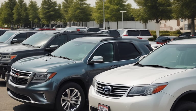 A diverse lineup of cars parked in a sunny driveway.