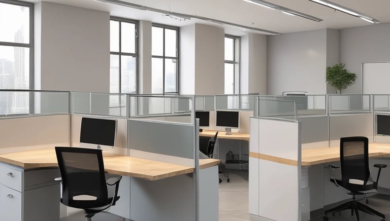 A modern office workstation setup featuring sleek furniture and organized workspace.