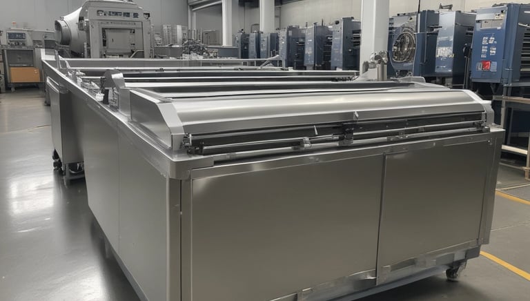 Three teal-colored industrial washing machines with silver accents are lined up side by side against a wooden wall. Each machine features a large circular window and coin slots above, with signs indicating pricing and instructions. Below the machines is a simple wooden bench.