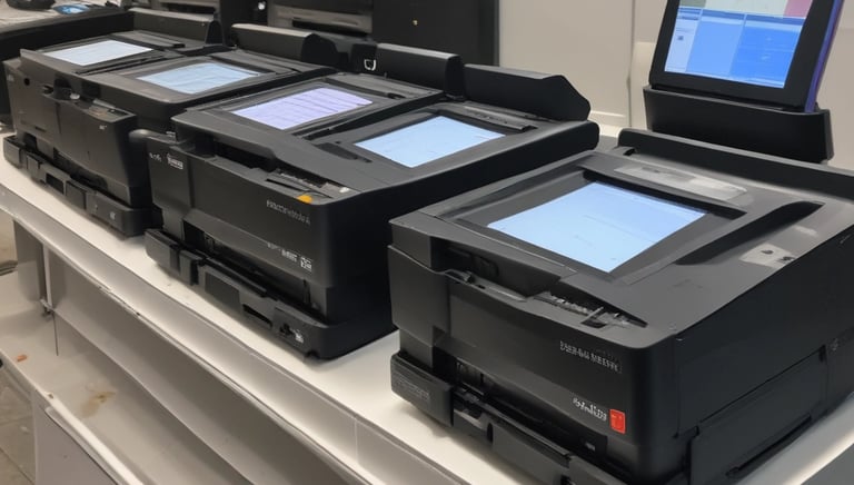 A busy exhibition booth featuring brands like Sony, Tamron, and DJI, where several people are interacting with product displays and browsing. The booth is well-lit with overhead lighting, and signs promote camera equipment and technology.