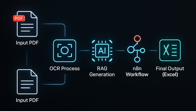 A sleek, modern AI automation workflow diagram in 3D perspective.