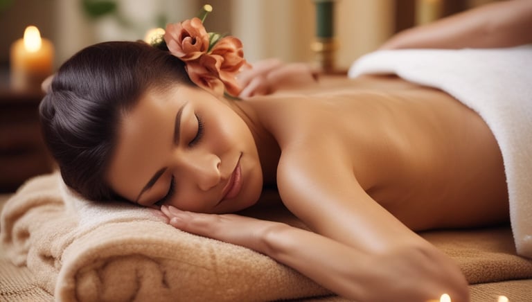 A serene and well-lit massage therapy room features a massage table adorned with scattered rose petals. The room has soft green walls with a floral accent wall in the back. A hanging white robe and a modern chair are present, along with a glass shower enclosure. The ceiling has recessed lighting, contributing to a calming atmosphere.