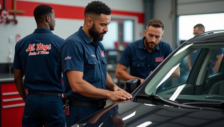 Mechanics inspecting a car at an auto repair shop, ensuring quality maintenance and professional