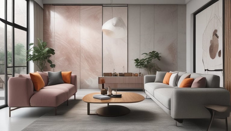 A designer discussing renovation plans with a homeowner over blueprints in a bright living room.