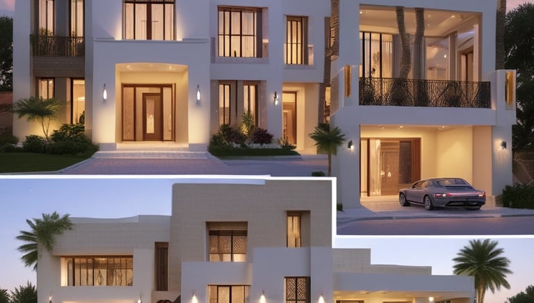 A sleek, modern residential building with warm lighting against a twilight sky.