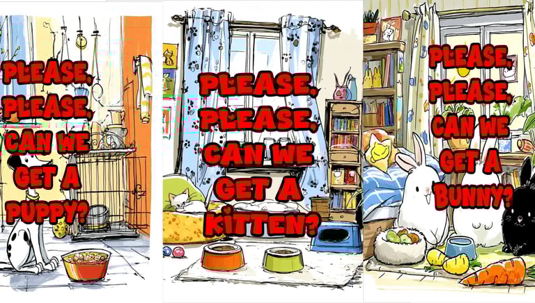 kittens, puppies, and rabbits depicted in children's books from the series Please, Please, Can We.