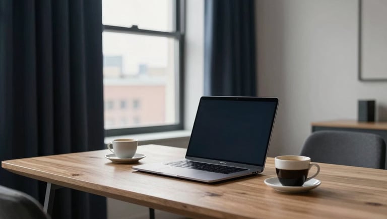 A high-end, minimalist home office in a Toronto apartment. A clean wooden desk holds a premium slim laptop and a cup of coffee. Soft natural light through a large window, professional atmosphere with deep charcoal navy and off-white accents.