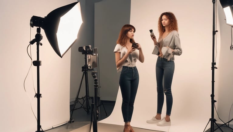 A bright, modern recording studio with a content creator speaking into a microphone.