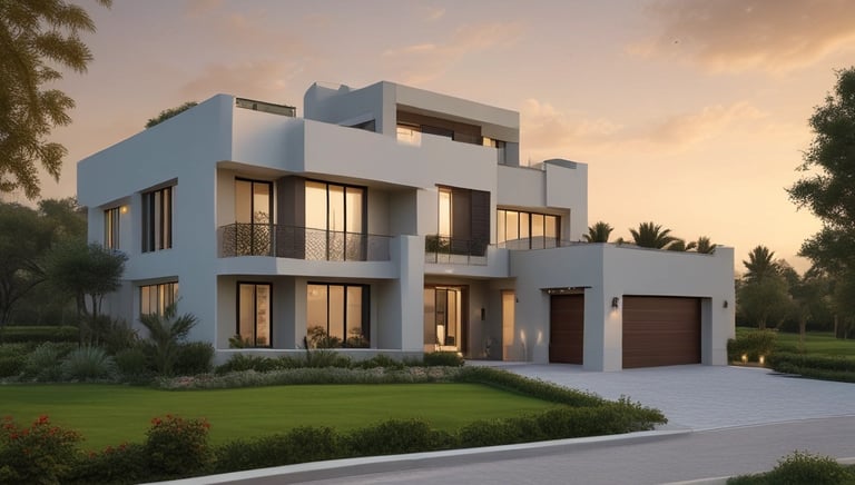 A modern luxury villa with a swimming pool under a clear blue sky.