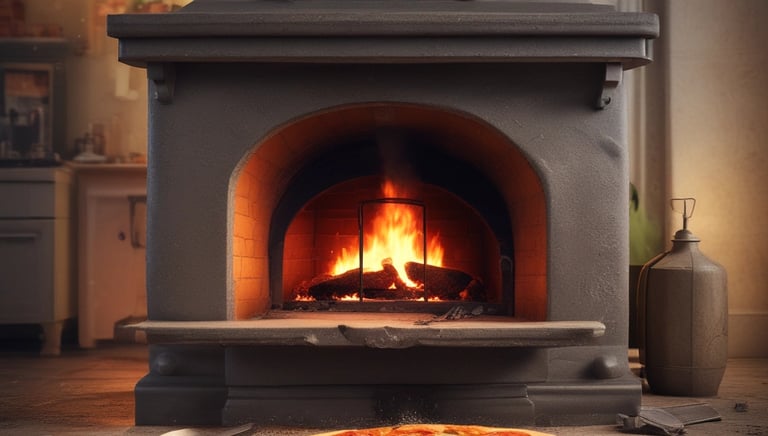 A rustic mobile stone oven on a trailer with a chef sliding a pizza inside, surrounded by fresh ingredients.