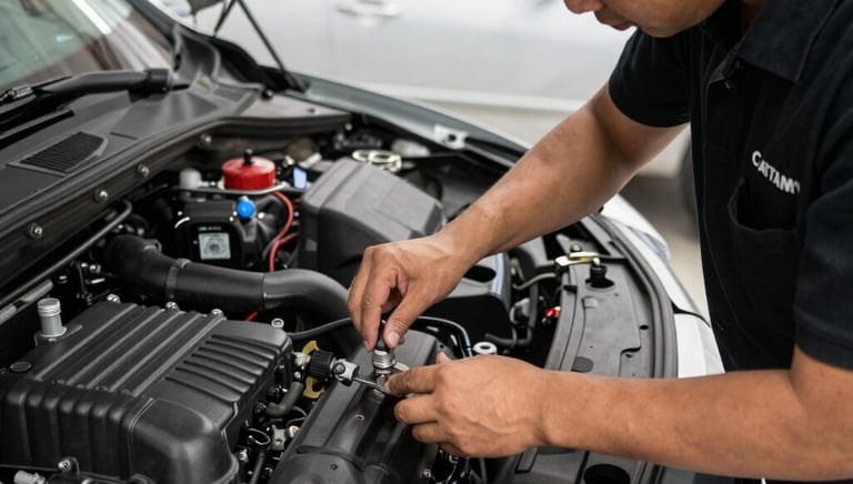 A mechanic carefully inspecting a car engine under the open hood.