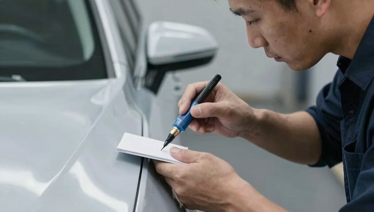 Close-up of a technician checking brake pads and tire tread on a vehicle.