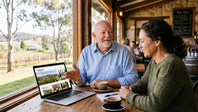 David Parker discussing website design with a Granite Belt business owner