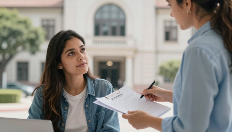 Students happily receiving assistance with paperwork and orientation in a bright office.