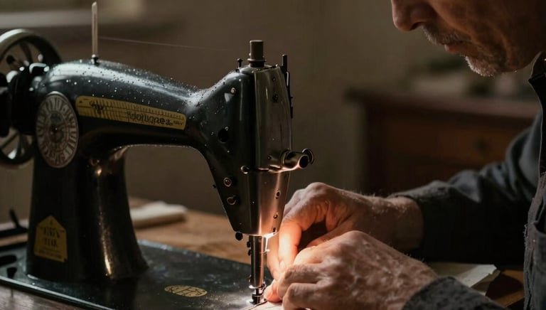 A skilled tailor carefully sewing a premium Muslim garment in a bright, minimalist workshop.