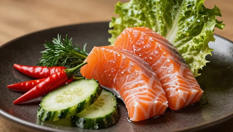 Close-up of fresh vegetables and herbs arranged on a wooden kitchen table.