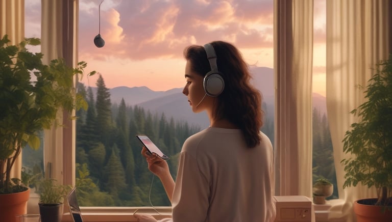 A cozy reading nook with headphones resting on an open book, softly lit by a warm lamp.