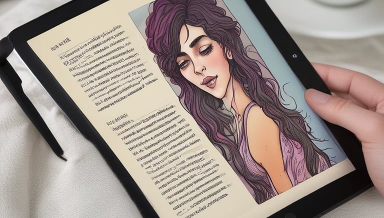 A tablet displaying a beautifully formatted sapphic story PDF, surrounded by fresh flowers.