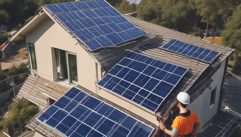 A consultant reviewing solar panel layouts on a tablet at a sunny rooftop.