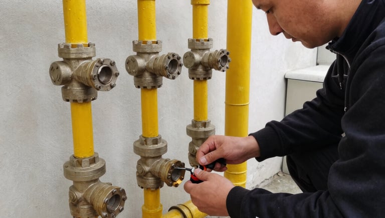 Technician checking gas pipes and connections in a clean, well-lit utility room