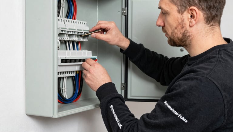 Electrician installing wiring in a modern residential building with precision and care
