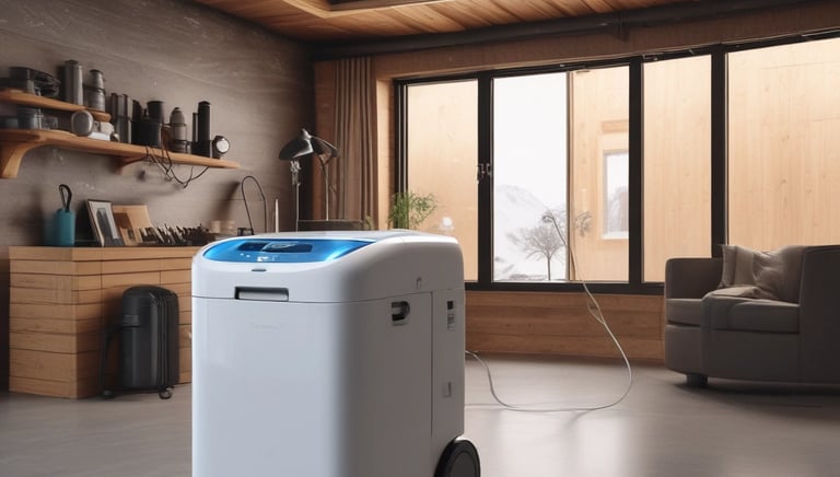 Technician applying odor neutralizing gas treatment in a cozy wooden chalet interior