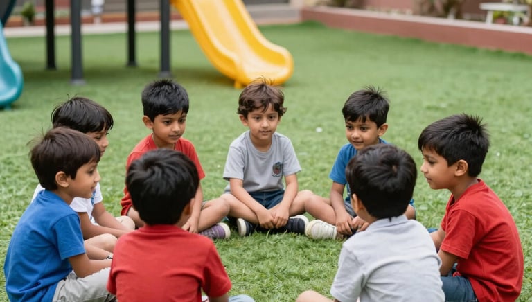 Children happily engaged in colorful play areas with educational toys.
