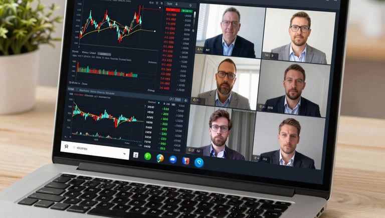 A friendly video call between Karen Alonso and a client discussing trading strategies with charts on screen.