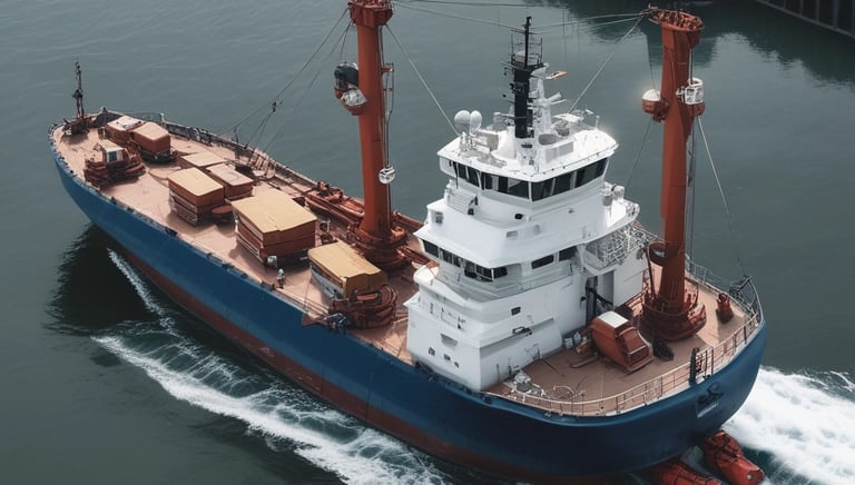 Professional dockworkers loading supplies onto a ship at a busy port.