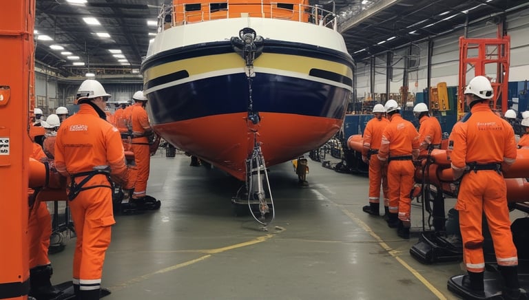 Technicians performing urgent repairs on a ship’s hull at night.