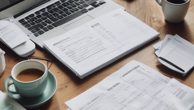 A small business owner reviewing neatly organized financial documents with a laptop open nearby.