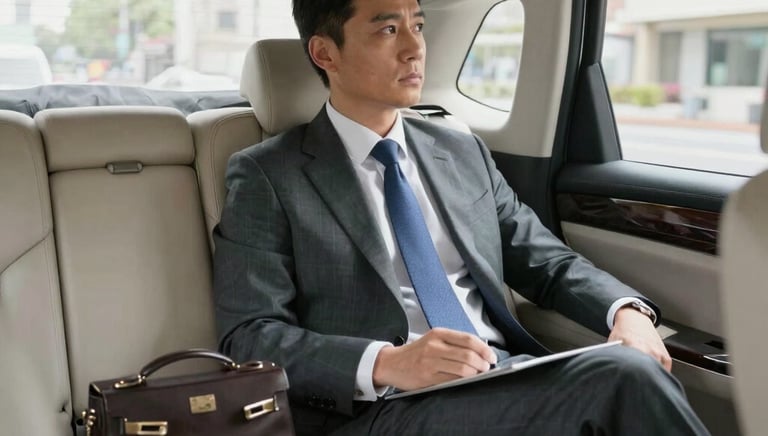 A comfortable car interior with a driver ready to assist a passenger.