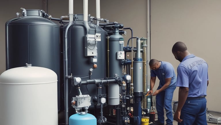 Technician carefully installing a water purification system in a modern kitchen